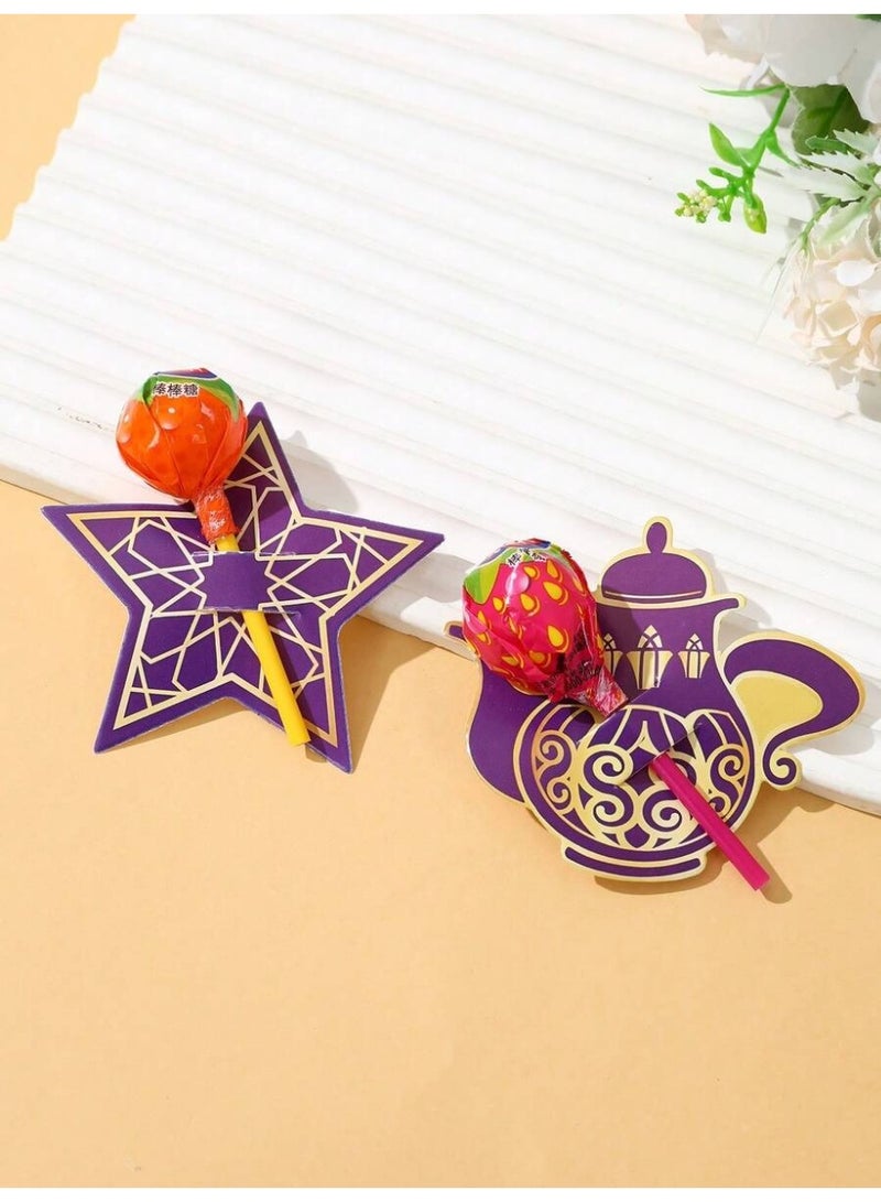 توزيعات العيد زينة العيد 24 بطاقة لولي بوب بتصميم عيد مبارك باللون البنفسجي والذهبي بطاقات تغليف هدايا وديكور طاولة حفلات العيد ورمضان و قرقيعان - Image 4